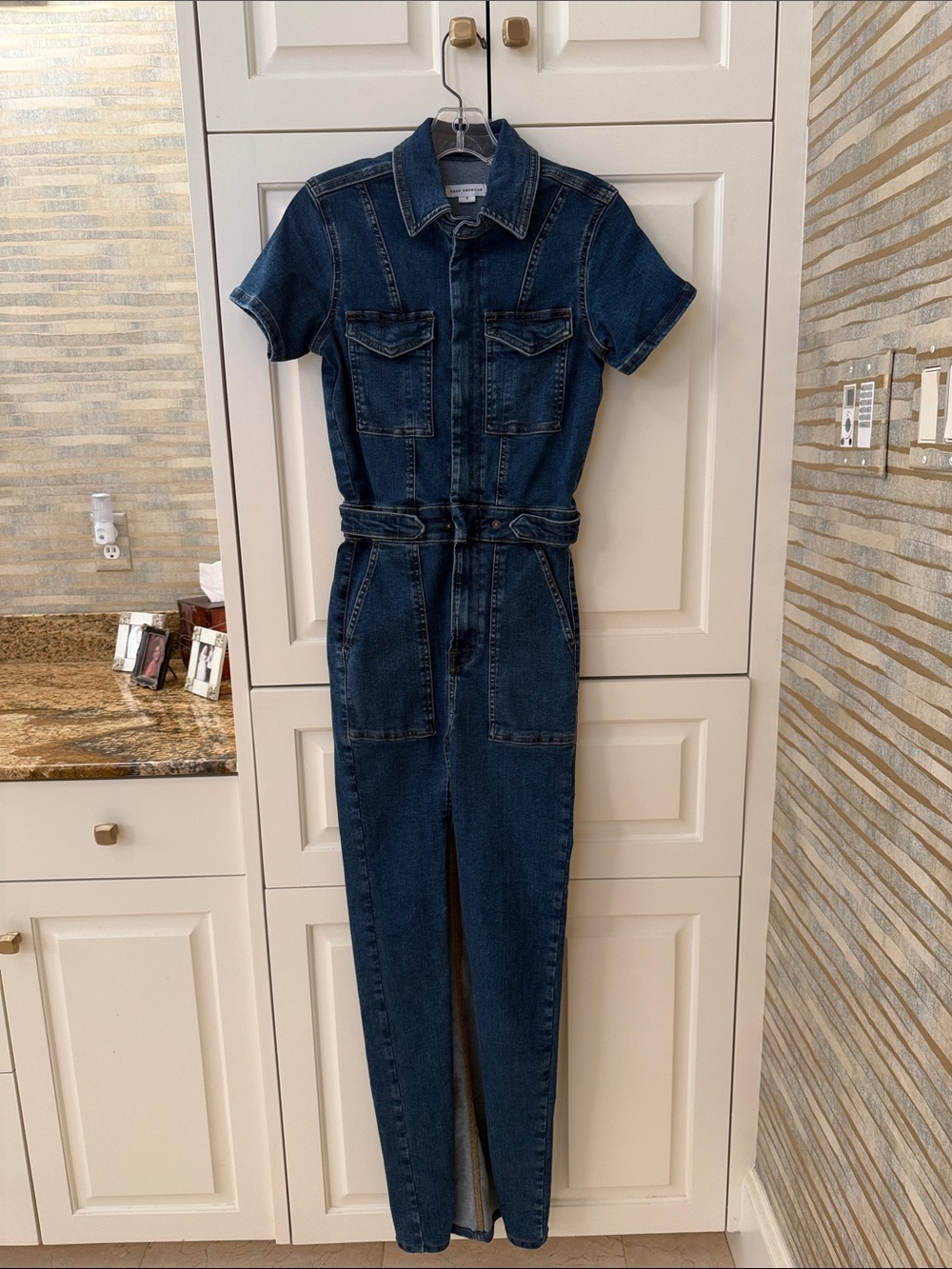 Good American Dark Blue Denim Short-Sleeve maxi dress
